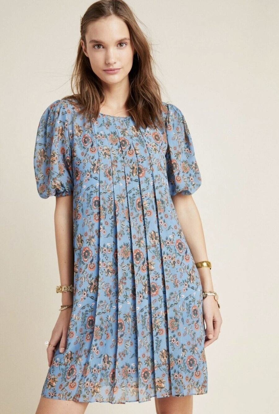 Anthropologie Sachin & Babi Marina Pleated Swing Dress Small Floral Boho Cottage
